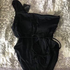 One shoulder black one piece